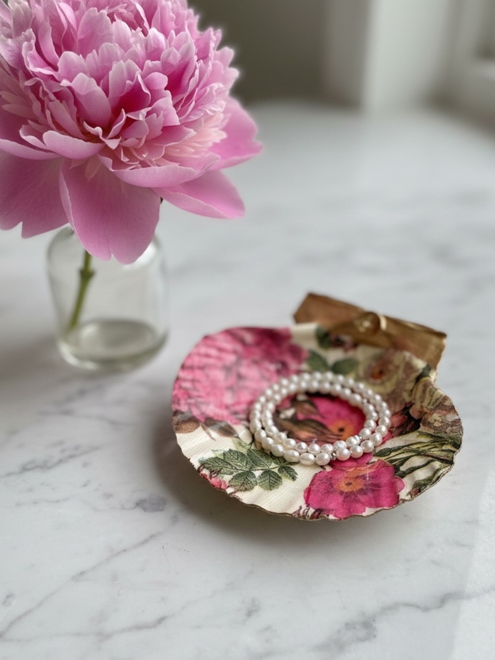 Pink Vintage Floral Seashell Trinket Dish Garden Decor
